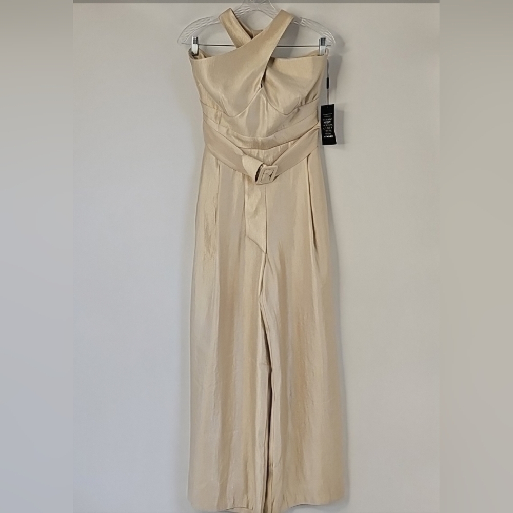 WHBM Champagne Gold Wide Leg Halter Jumpsuit wFront Pockets Cocktail Coquette - Picture 2 of 16